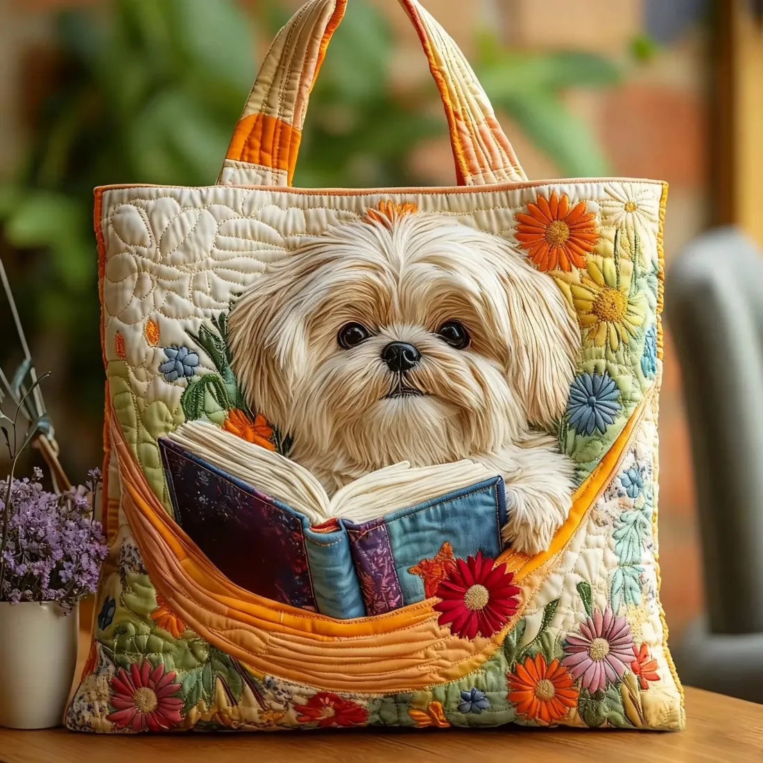 Luna™ | Bolso Shih Tzu artesanal con libro y flores