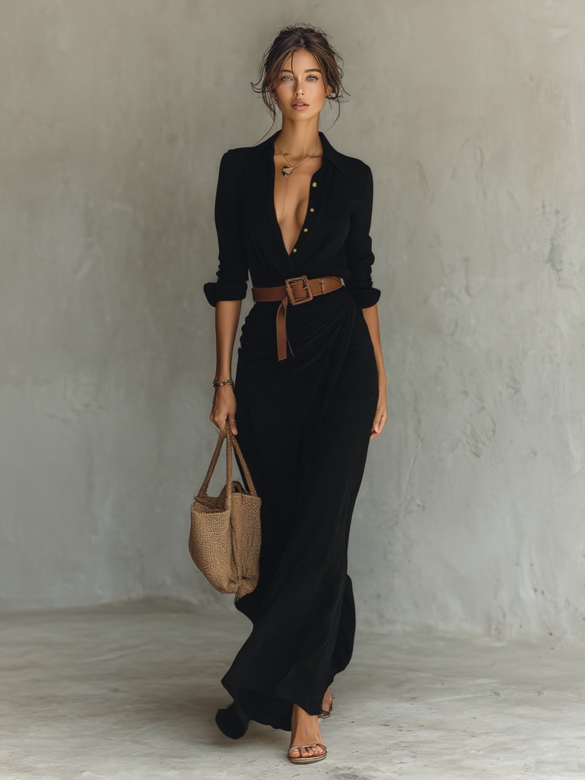 Vestido maxi largo para mujer con cuello de solapa y mangas largas