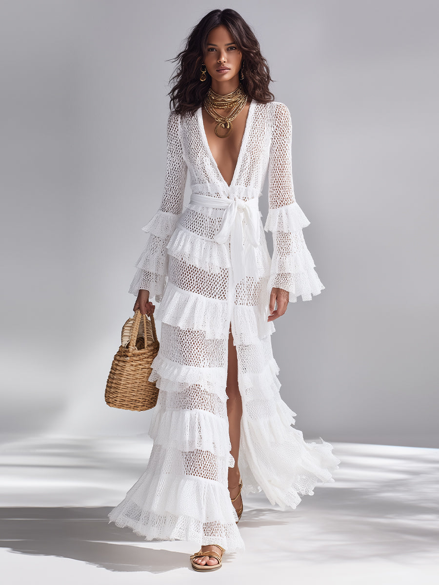 Cárdigan de crochet tejido en blanco brillante para mujer con escote en V profundo y volantes superpuestos, estilo boho-chic atemporal, cárdigan