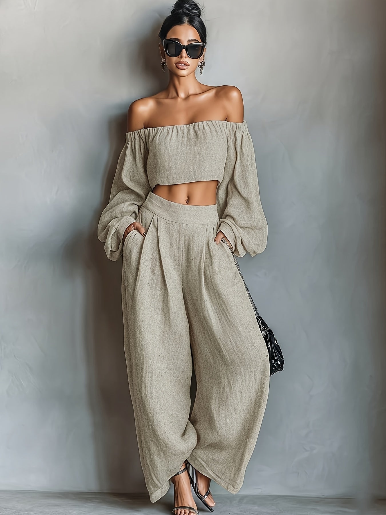 Tiana || Conjunto con escote hombros descubiertos y pantalón ancho
