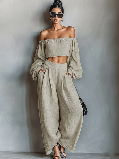 Tiana || Conjunto con escote hombros descubiertos y pantalón ancho