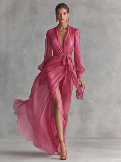 Vestido largo elegante de mujer en chiffon rosa empolvado con perlas, escote en V y cintura anudada