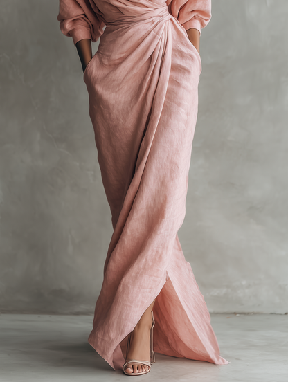 Vestido maxi minimalista de mujer en mezcla de lino rosa con escote en V