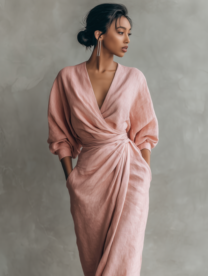 Vestido maxi minimalista de mujer en mezcla de lino rosa con escote en V