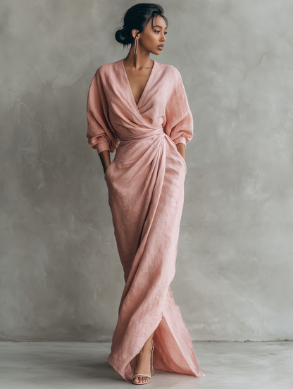 Vestido maxi minimalista de mujer en mezcla de lino rosa con escote en V
