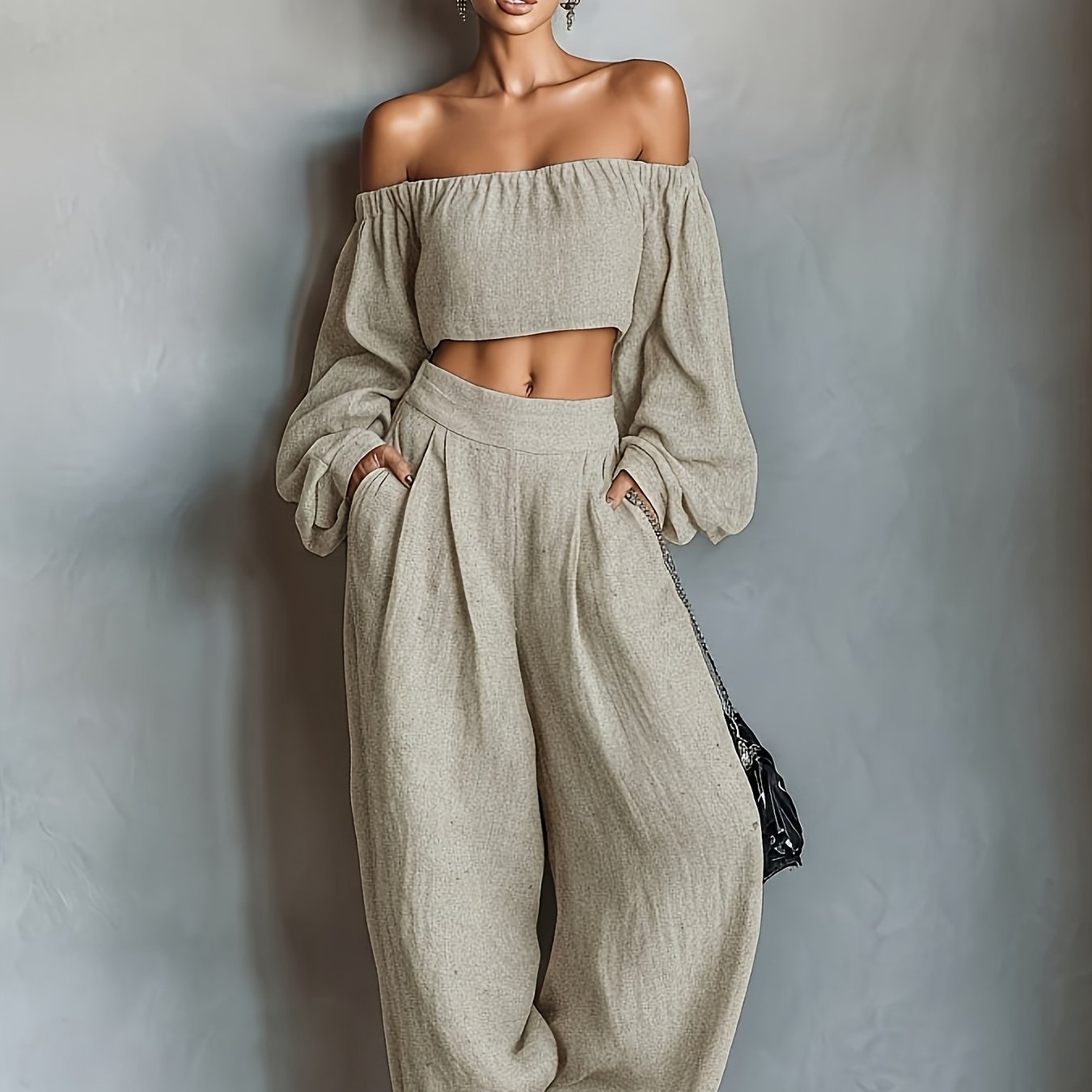 Tiana || Conjunto con escote hombros descubiertos y pantalón ancho