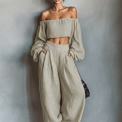 Tiana || Conjunto con escote hombros descubiertos y pantalón ancho