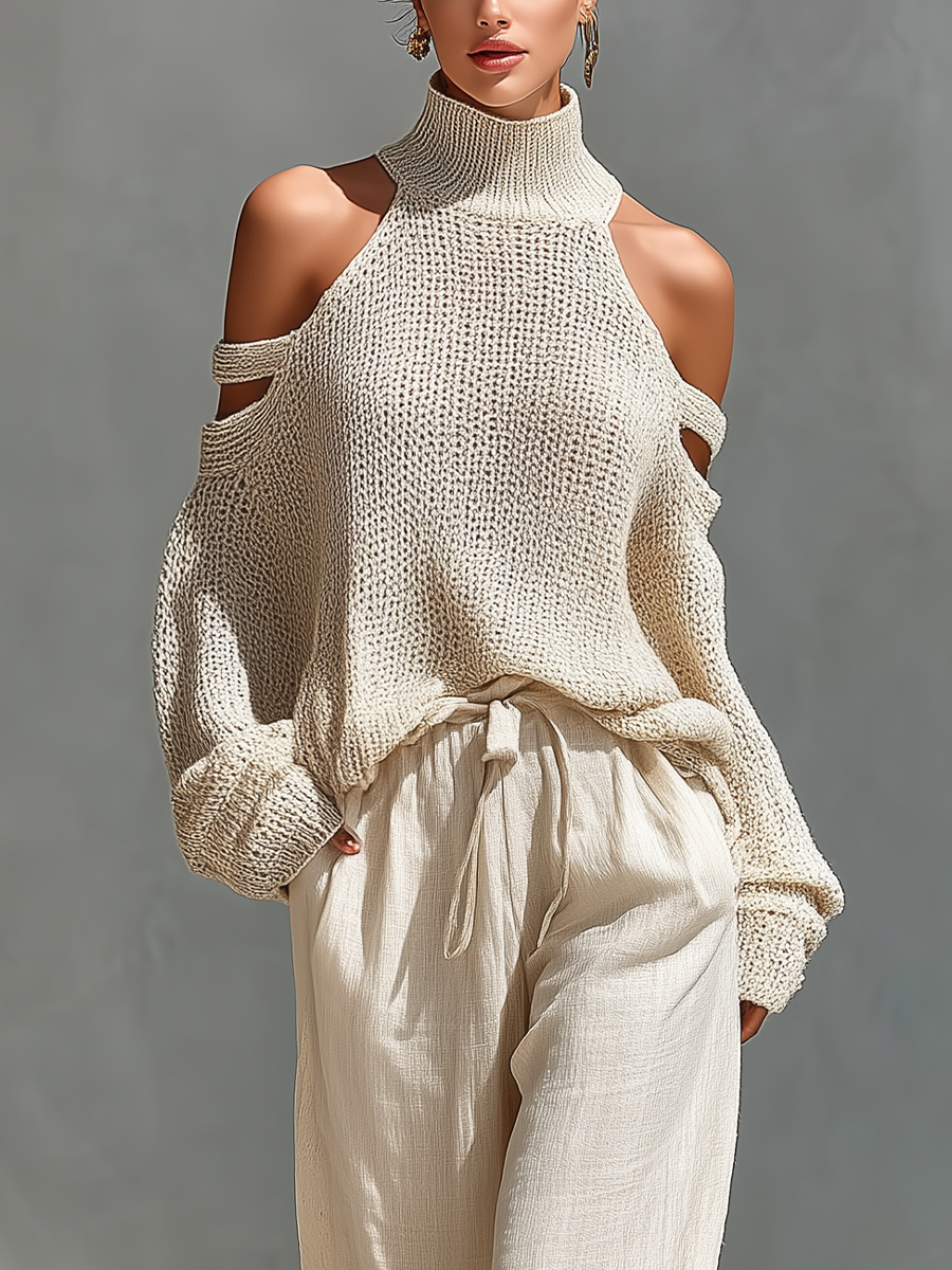 Conjunto de mujer con top de punto beige de cuello alto y hombros al descubierto, y pantalones de pierna ancha