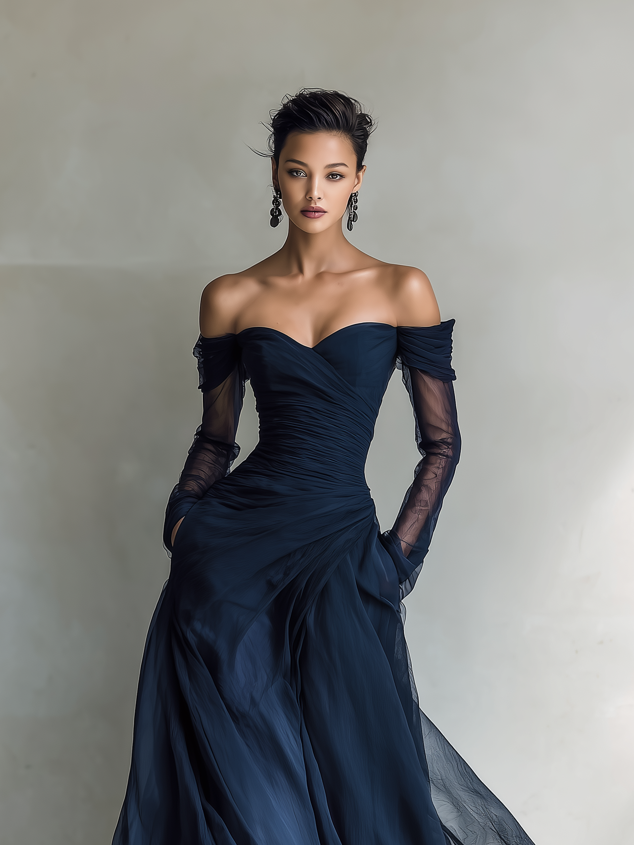 Vestido maxi elegante ajustado de chiffon organza azul oscuro para mujer, con mangas largas y hombros al descubierto