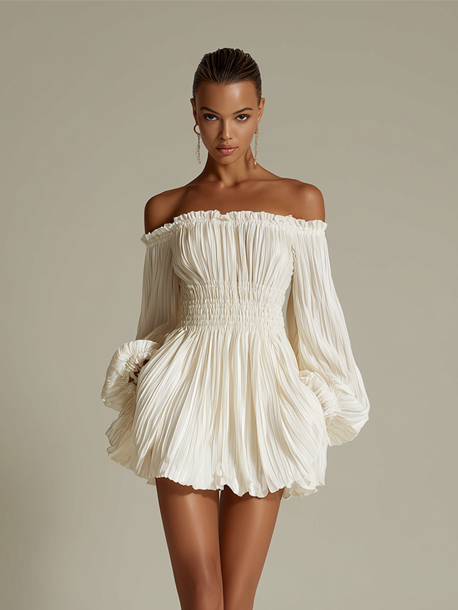 Vestido plisado marfil para mujer con escote bardot y cintura fruncida, vestido elegante, sexy y atemporal