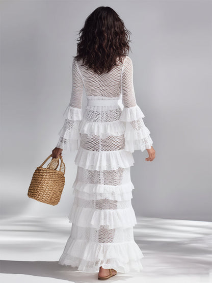 Cárdigan de crochet tejido en blanco brillante para mujer con escote en V profundo y volantes superpuestos, estilo boho-chic atemporal, cárdigan