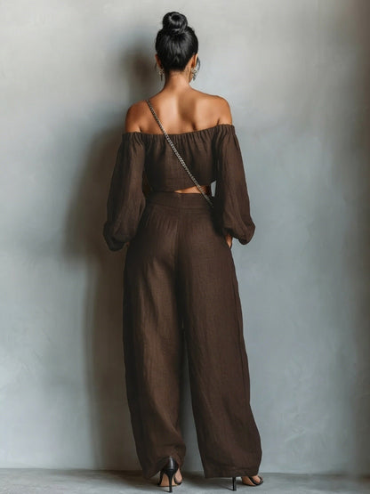 Tiana || Conjunto con escote hombros descubiertos y pantalón ancho