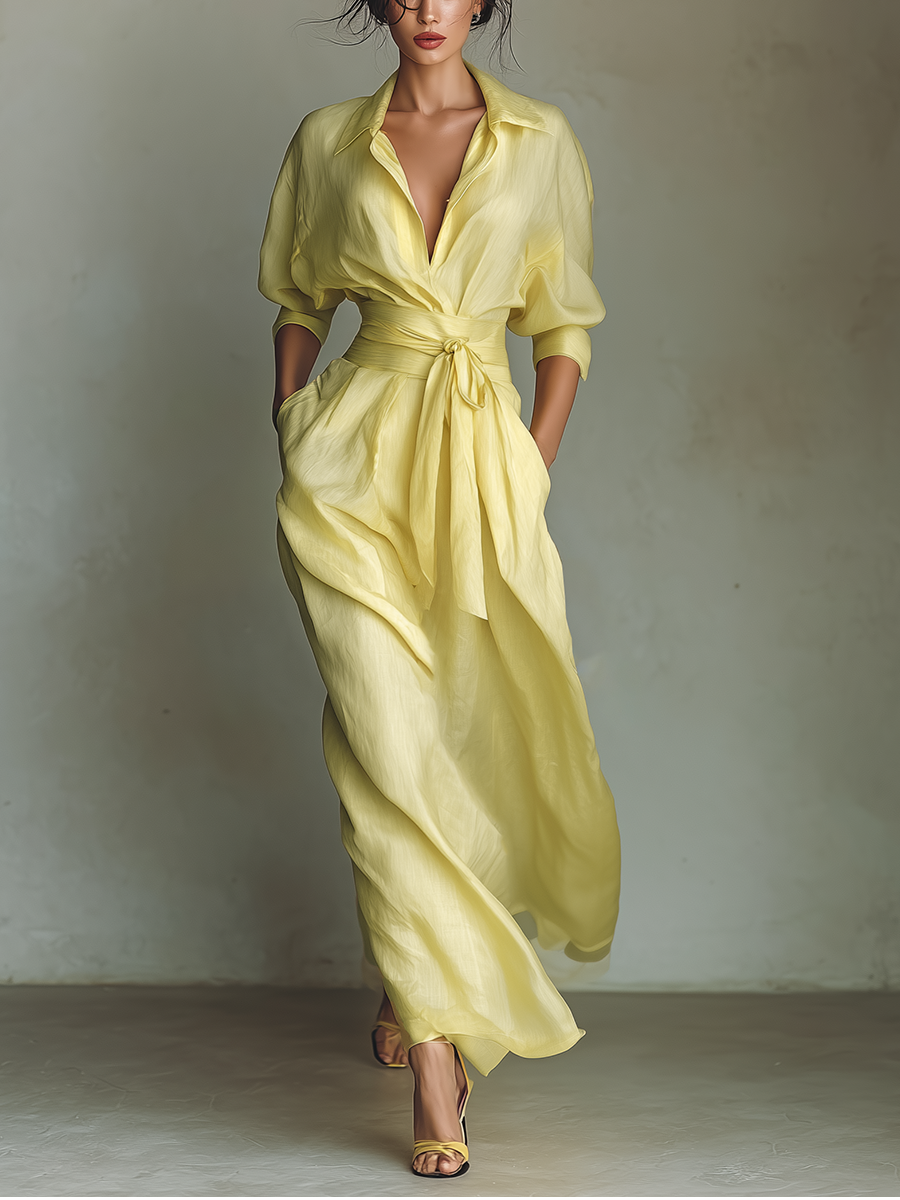 Vestido camisero maxi de mujer en amarillo limón, de algodón y lino, con cinturón para anudar y mangas midi