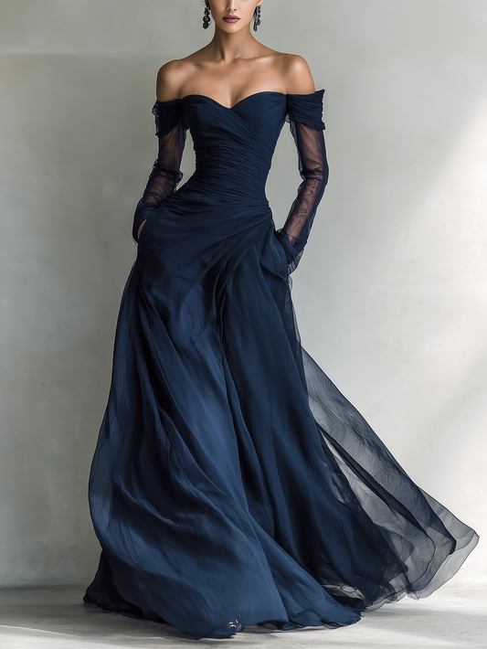 Vestido maxi elegante ajustado de chiffon organza azul oscuro para mujer, con mangas largas y hombros al descubierto