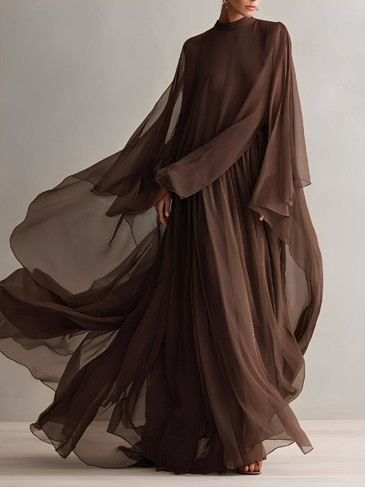 Vestido de gasa marrón intenso para mujer con silueta maxi fluida y diseño tipo capa, estilo elegante y glamour moderno