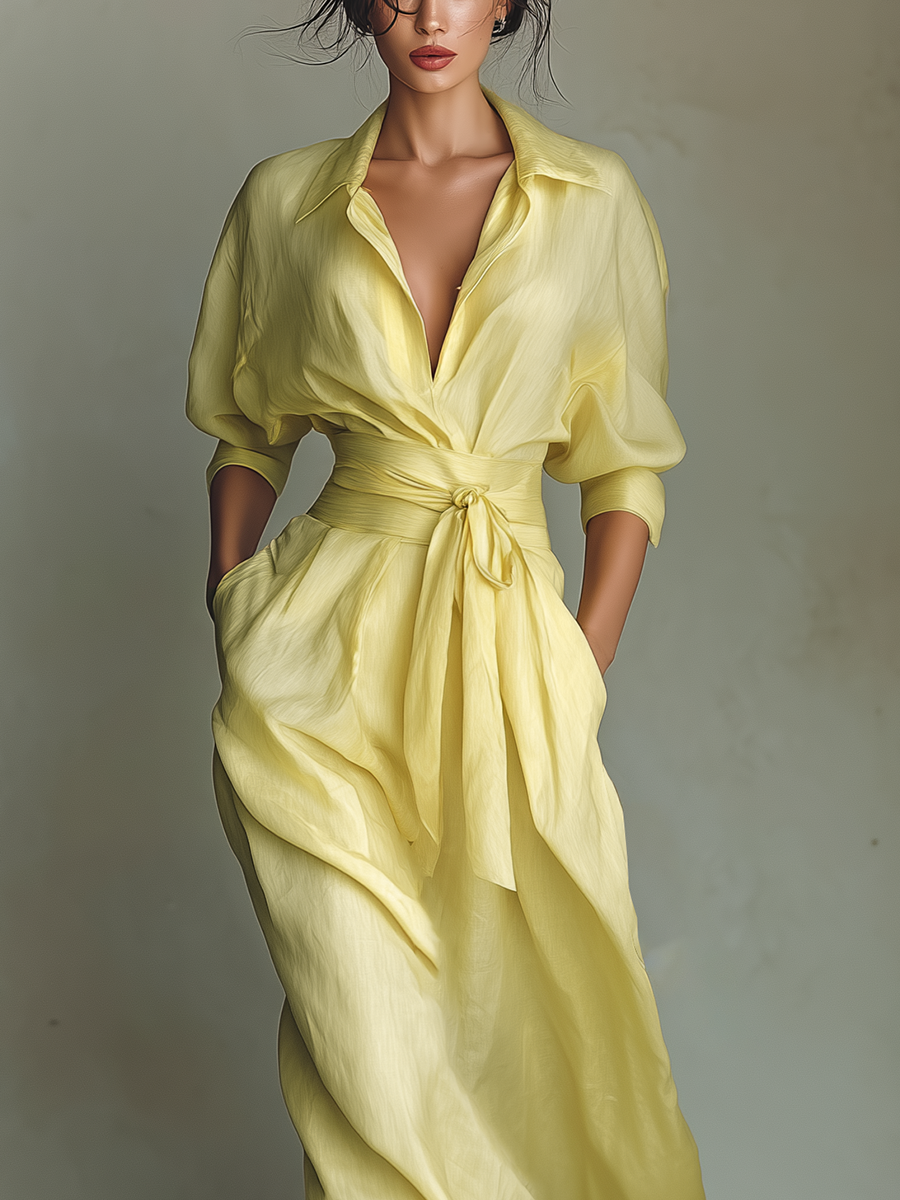Vestido camisero maxi de mujer en amarillo limón, de algodón y lino, con cinturón para anudar y mangas midi