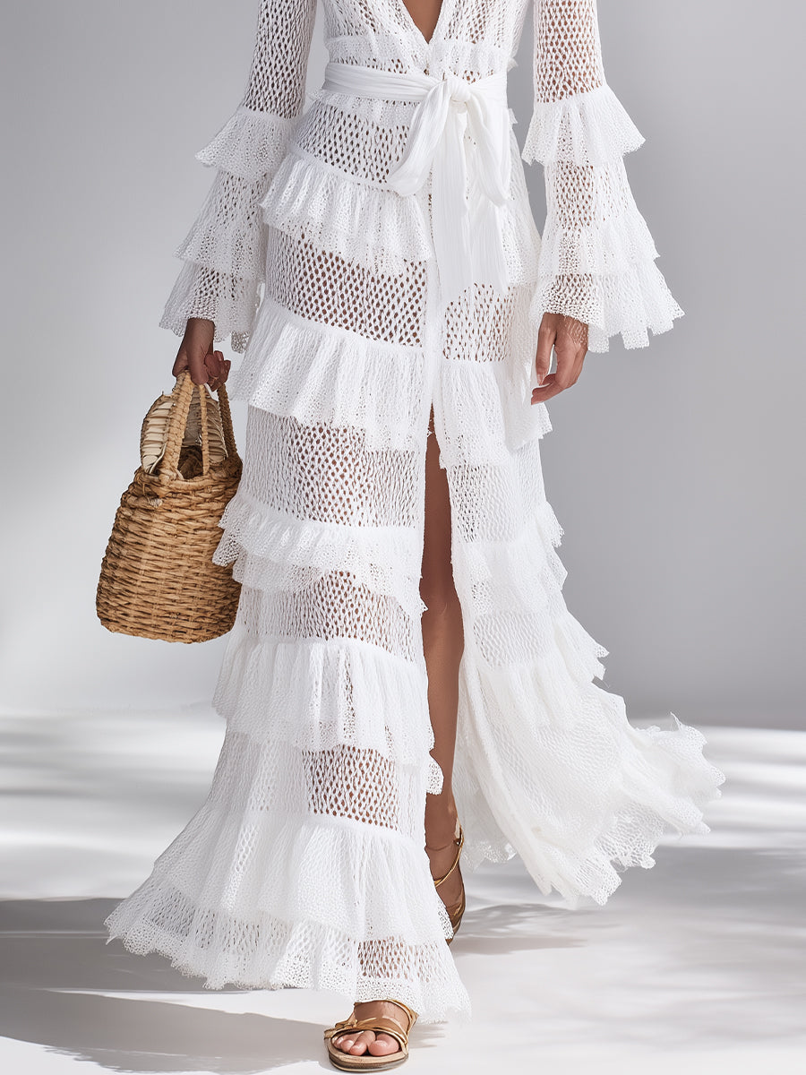 Cárdigan de crochet tejido en blanco brillante para mujer con escote en V profundo y volantes superpuestos, estilo boho-chic atemporal, cárdigan