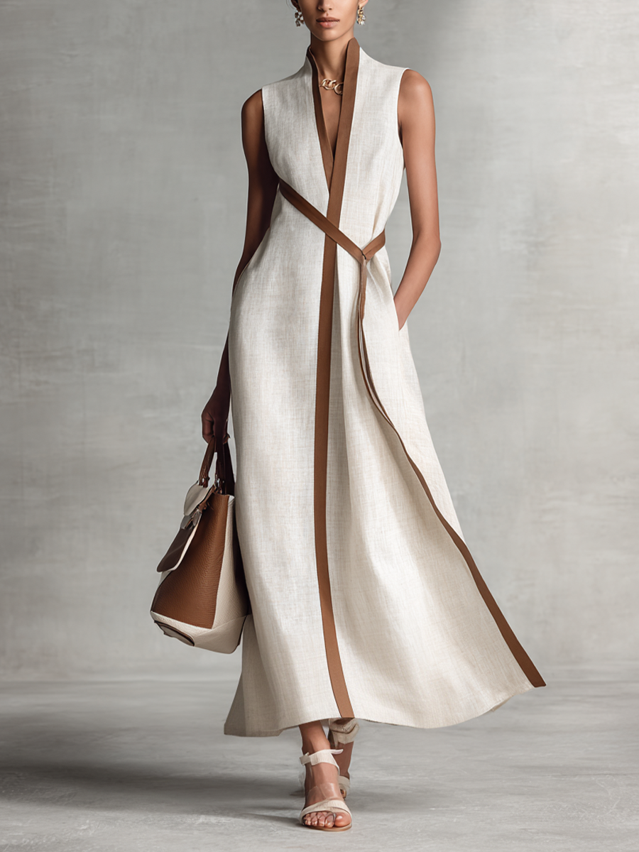 Vestido maxi sin mangas de algodón y lino para mujer con escote en V y cinturón para anudar