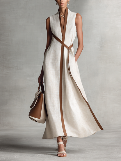 Vestido maxi sin mangas de algodón y lino para mujer con escote en V y cinturón para anudar
