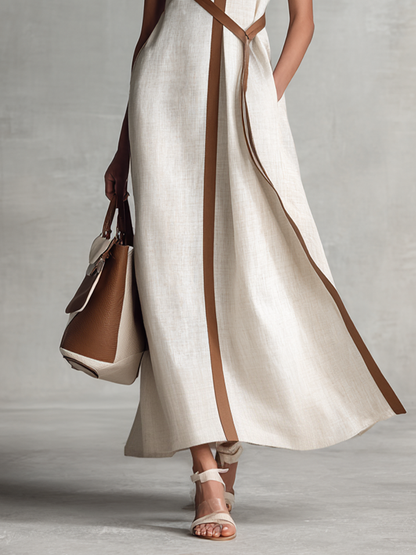 Vestido maxi sin mangas de algodón y lino para mujer con escote en V y cinturón para anudar