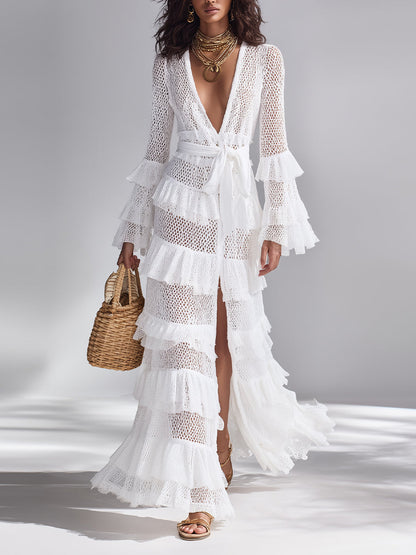 Cárdigan de crochet tejido en blanco brillante para mujer con escote en V profundo y volantes superpuestos, estilo boho-chic atemporal, cárdigan