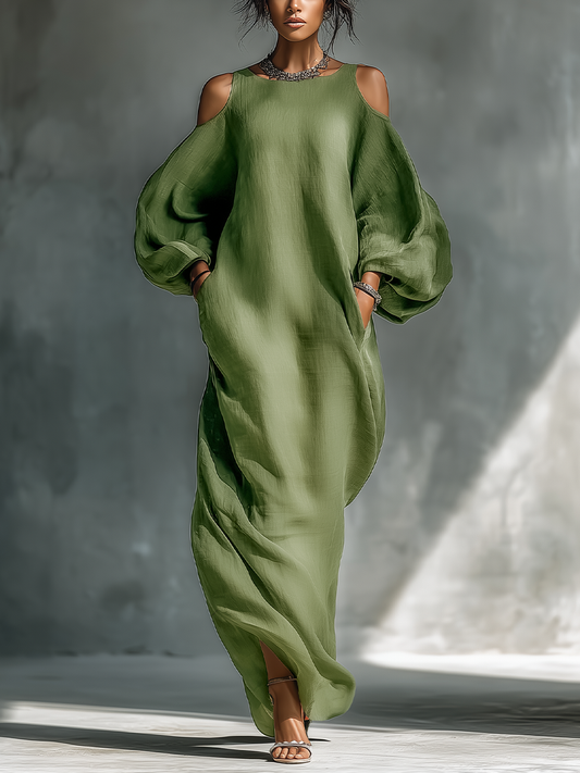 Vestido maxi de mujer en verde claro con hombros descubiertos, mangas abullonadas extragrandes y bolsillos laterales