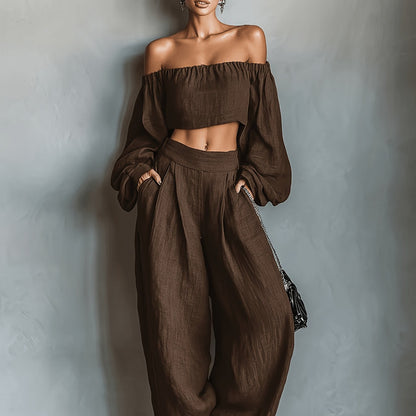 Tiana || Conjunto con escote hombros descubiertos y pantalón ancho