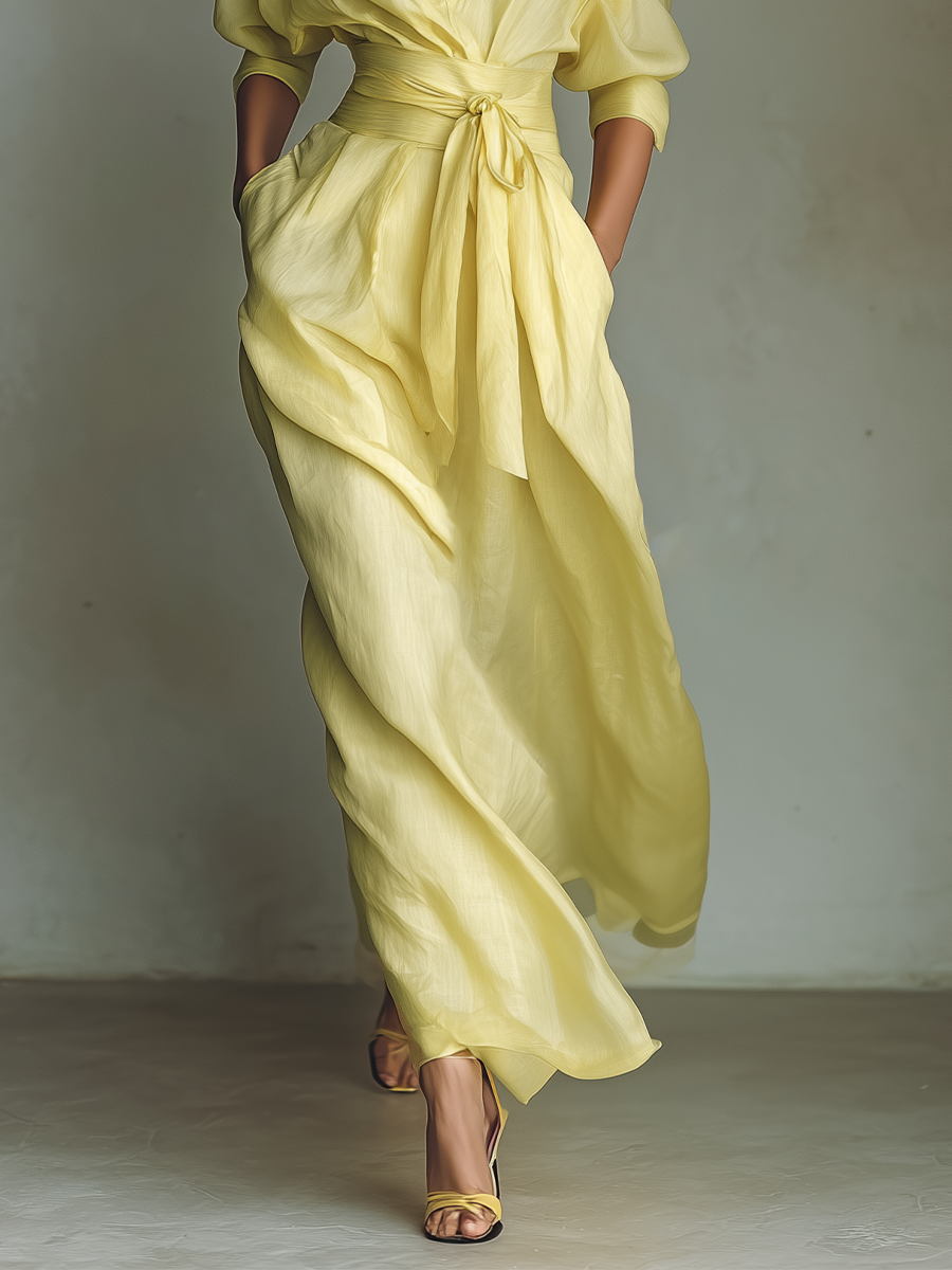 Vestido camisero maxi de mujer en amarillo limón, de algodón y lino, con cinturón para anudar y mangas midi