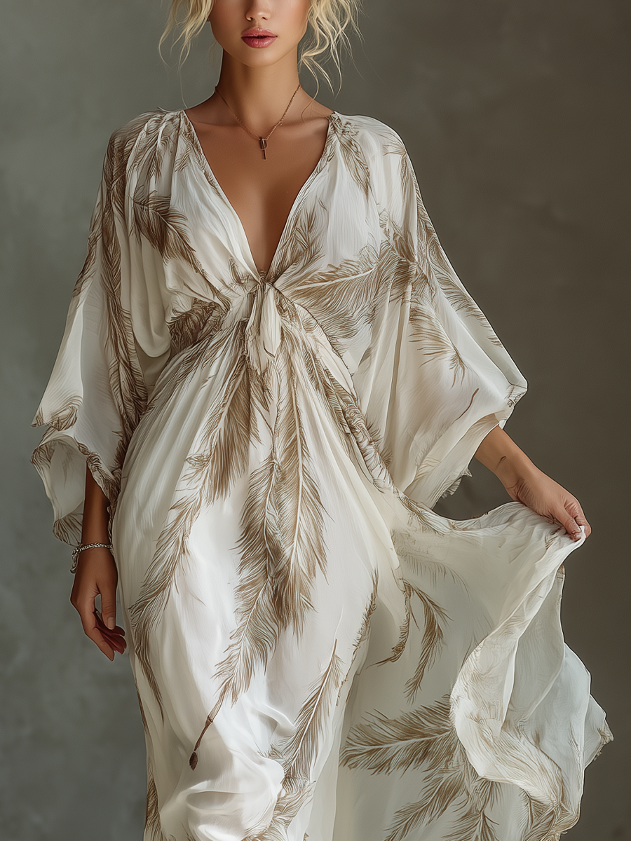 Vestido maxi de chiffon en marfil y topo con mangas dolman, parte delantera retorcida y estampado de hoja de palmera
