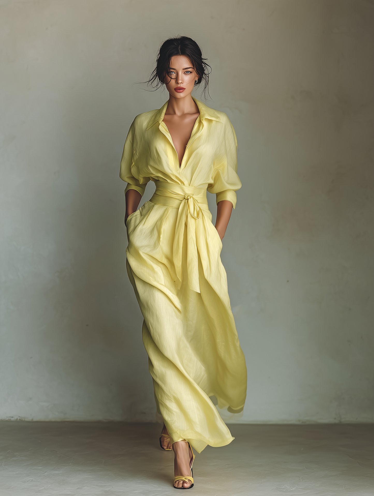 Vestido camisero maxi de mujer en amarillo limón, de algodón y lino, con cinturón para anudar y mangas midi