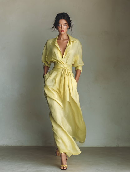 Vestido camisero maxi de mujer en amarillo limón, de algodón y lino, con cinturón para anudar y mangas midi