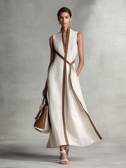 Vestido maxi sin mangas de algodón y lino para mujer con escote en V y cinturón para anudar