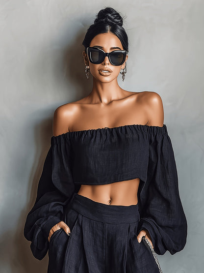Tiana || Conjunto con escote hombros descubiertos y pantalón ancho