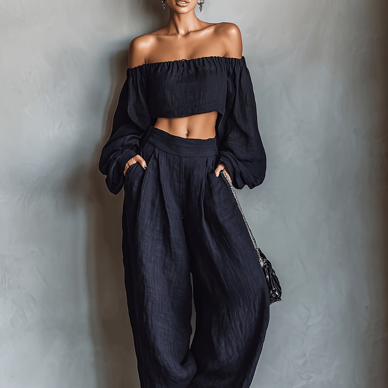 Tiana || Conjunto con escote hombros descubiertos y pantalón ancho