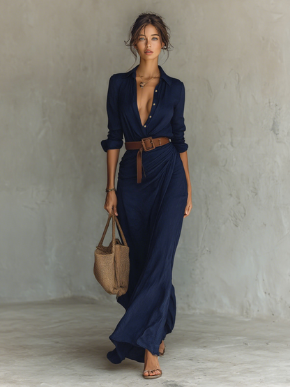 Vestido maxi largo para mujer con cuello de solapa y mangas largas