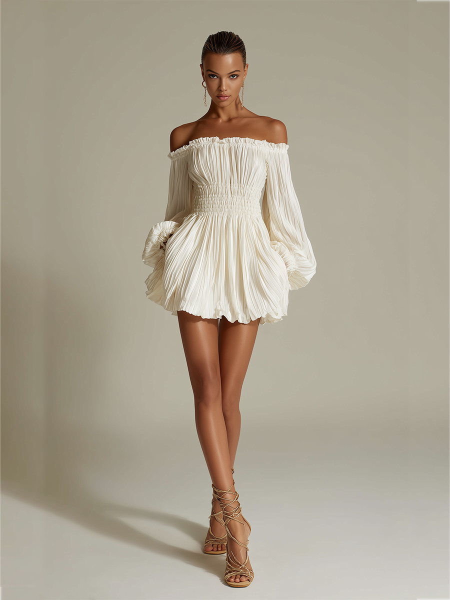 Vestido plisado marfil para mujer con escote bardot y cintura fruncida, vestido elegante, sexy y atemporal