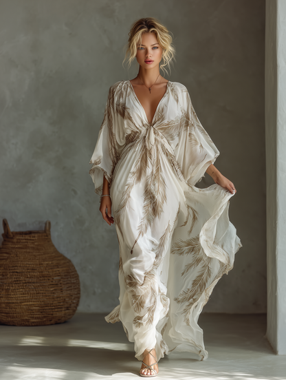 Vestido maxi de chiffon en marfil y topo con mangas dolman, parte delantera retorcida y estampado de hoja de palmera