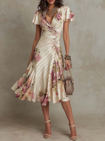 Alba - Vestido midi de satén floral elegante retro