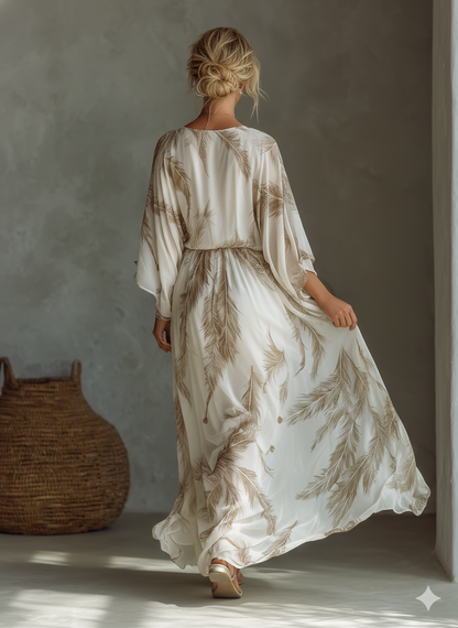 Vestido maxi de chiffon en marfil y topo con mangas dolman, parte delantera retorcida y estampado de hoja de palmera