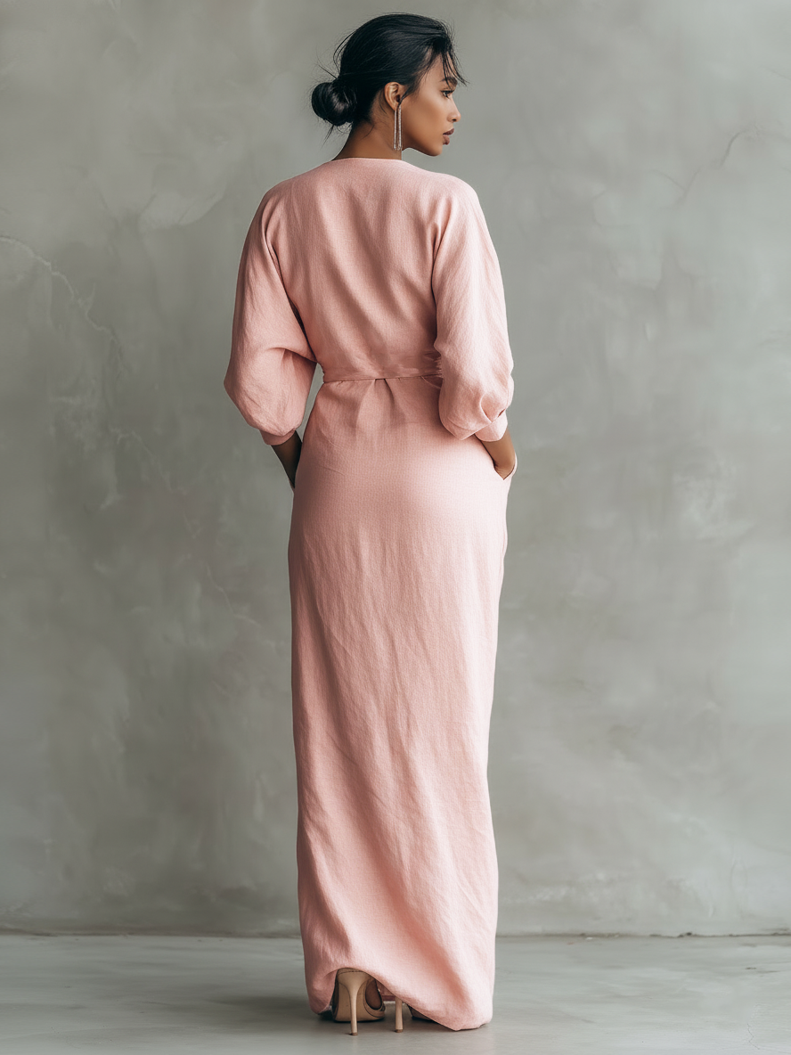 Vestido maxi minimalista de mujer en mezcla de lino rosa con escote en V
