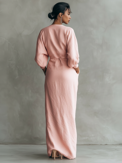 Vestido maxi minimalista de mujer en mezcla de lino rosa con escote en V