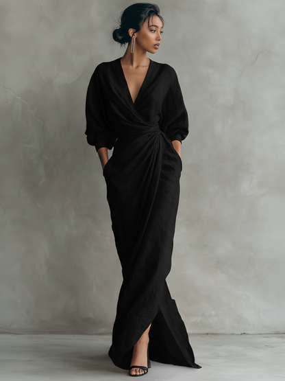 Vestido maxi minimalista de mujer en mezcla de lino rosa con escote en V