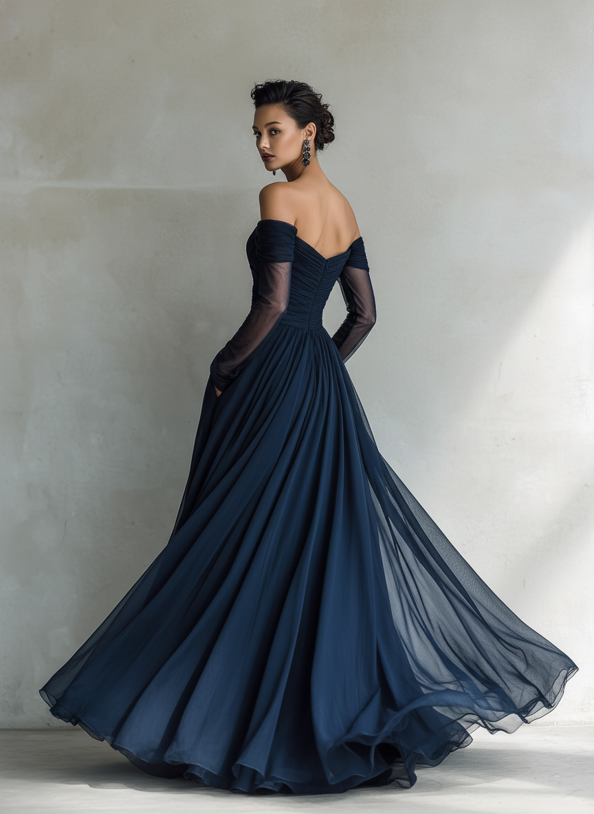 Vestido maxi elegante ajustado de chiffon organza azul oscuro para mujer, con mangas largas y hombros al descubierto