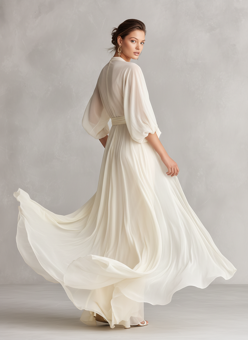 Vestido de chiffon transparente marfil para mujer con mangas abullonadas y detalle cruzado, vestido de estilo romántico-lujoso atemporal