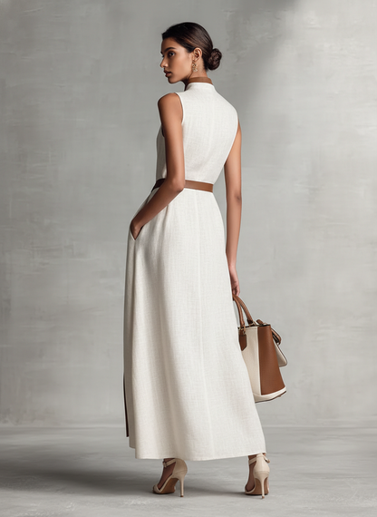 Vestido maxi sin mangas de algodón y lino para mujer con escote en V y cinturón para anudar