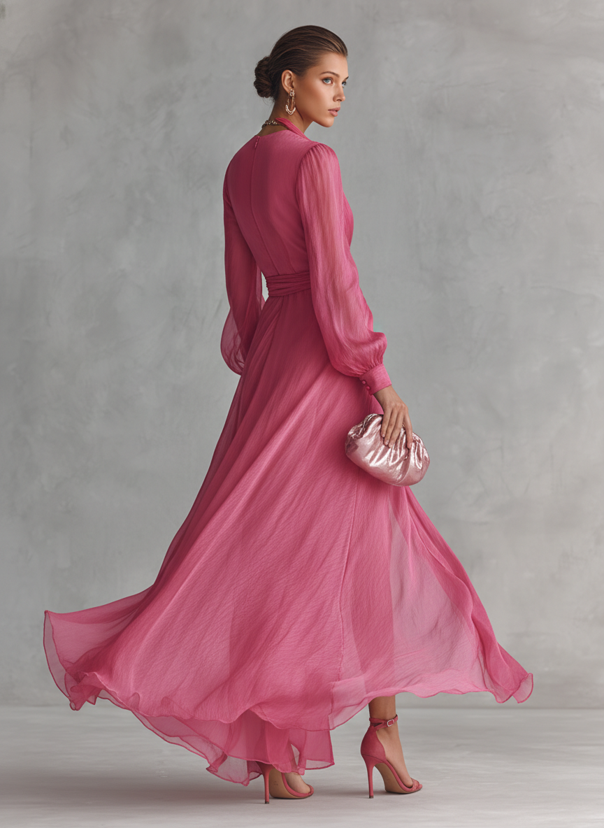 Vestido largo elegante de mujer en chiffon rosa empolvado con perlas, escote en V y cintura anudada
