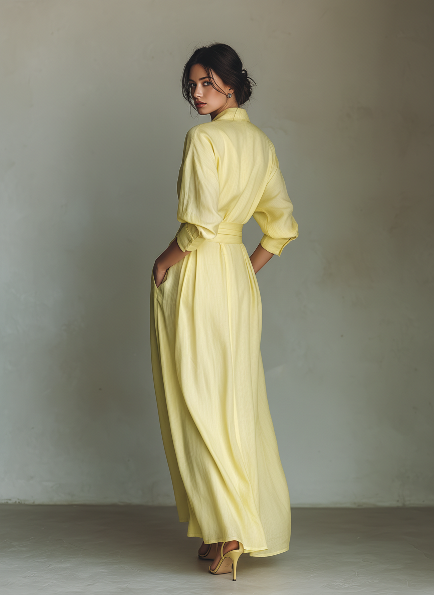 Vestido camisero maxi de mujer en amarillo limón, de algodón y lino, con cinturón para anudar y mangas midi