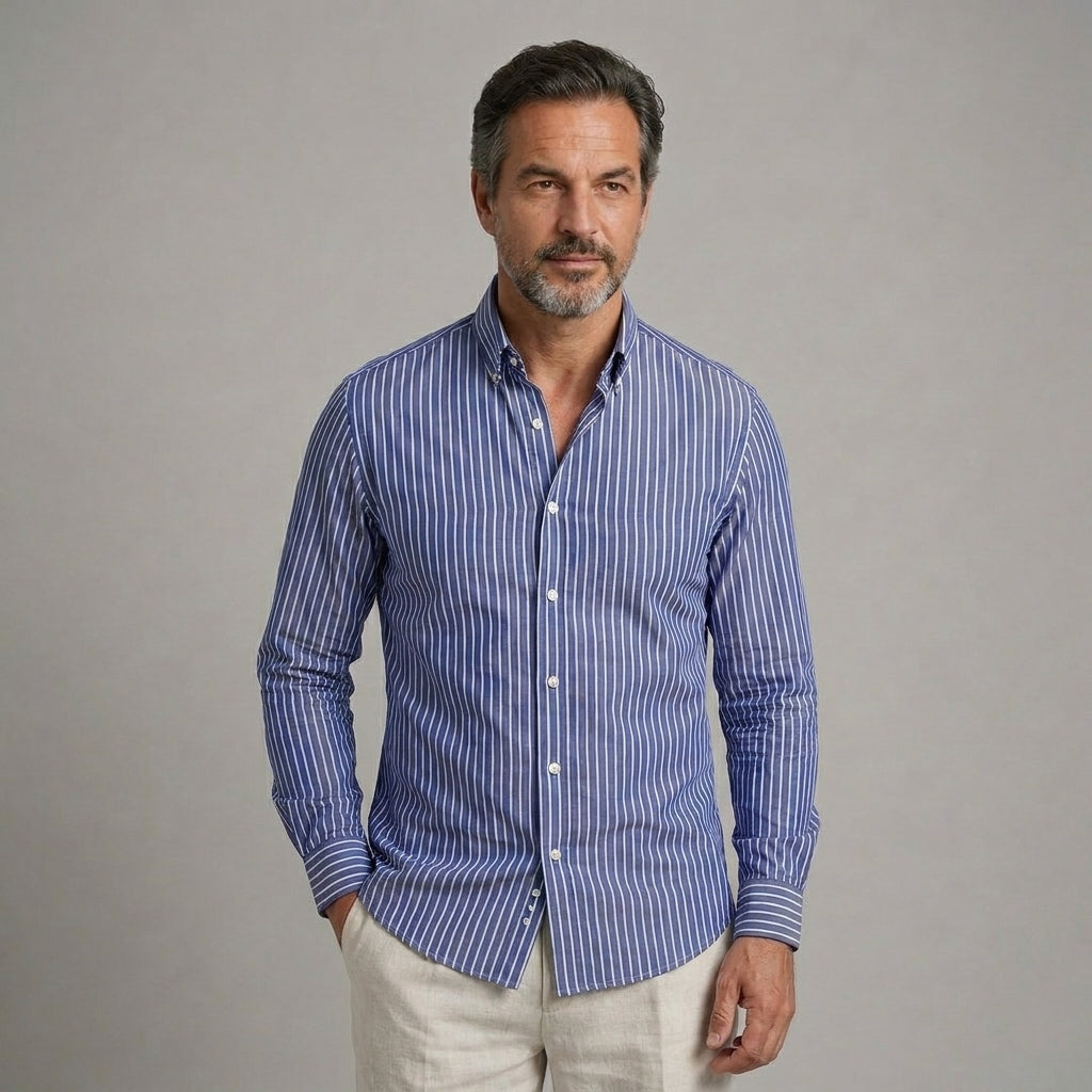 Martín — Camisa de rayas azul marino de manga larga