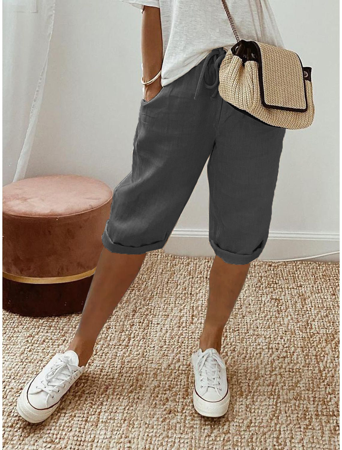 Pantalón capri informal de algodón y lino para mujer