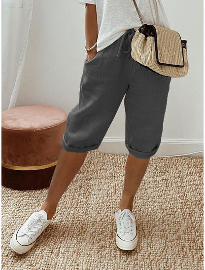 Pantalón capri informal de algodón y lino para mujer
